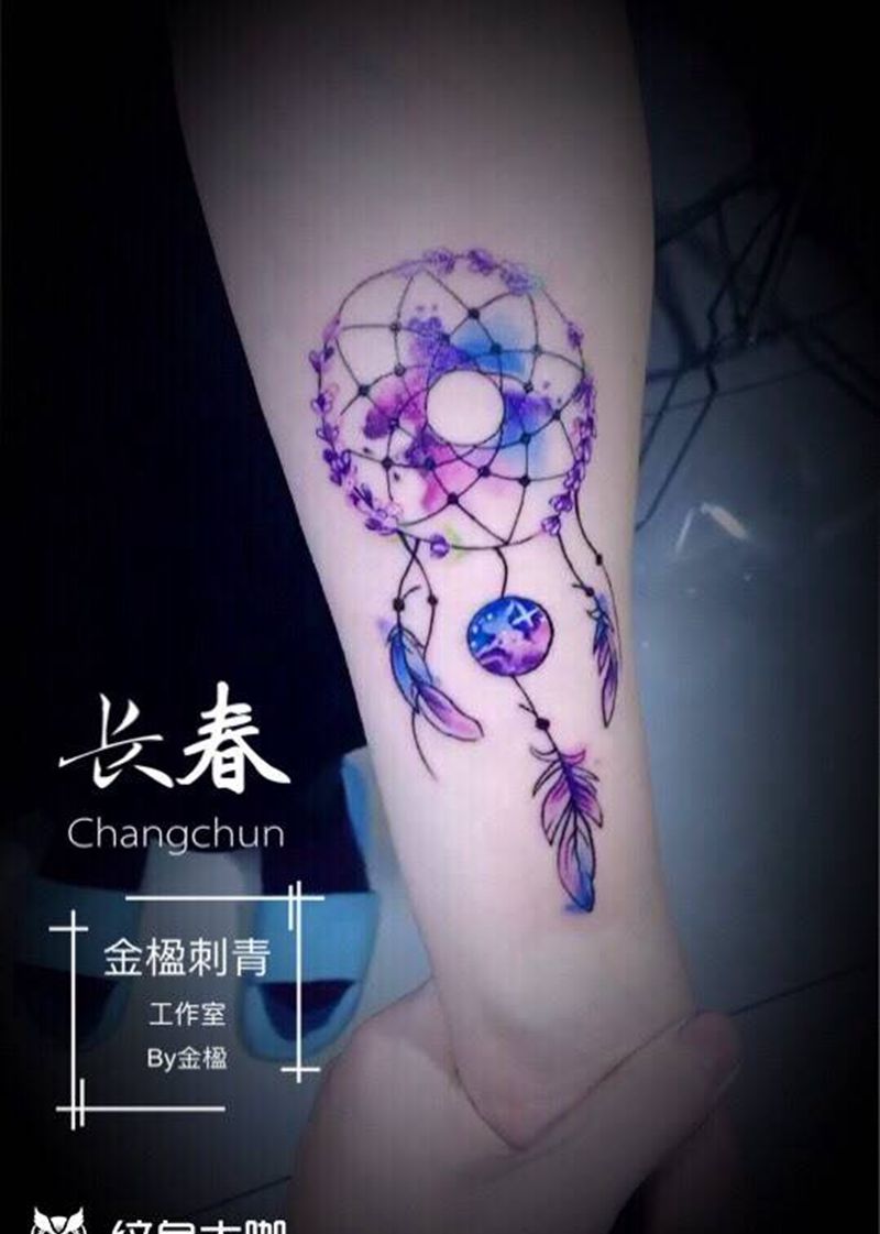 捕梦网纹身图片_手臂手部水墨水彩纹身图案