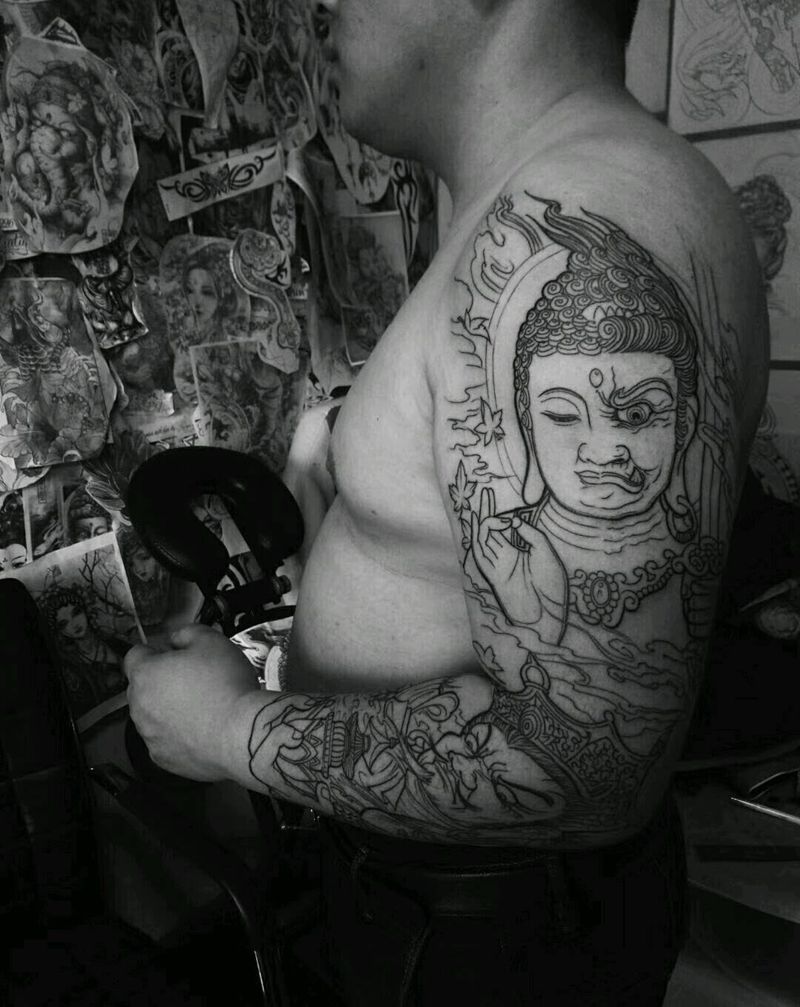 花臂线条纹身图片