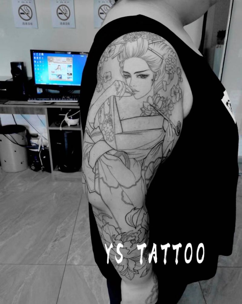花臂线条完成纹身图片
