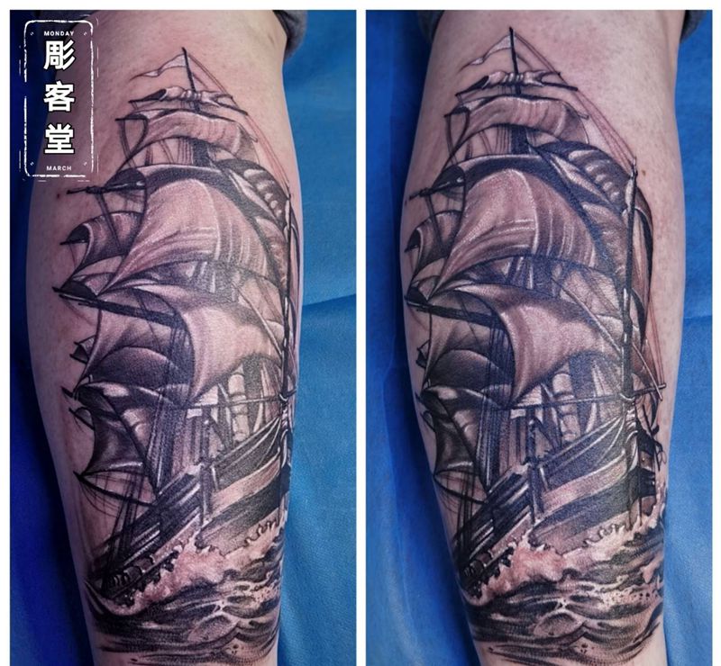 小腿帆船纹身图片_腿部欧美写实纹身图案
