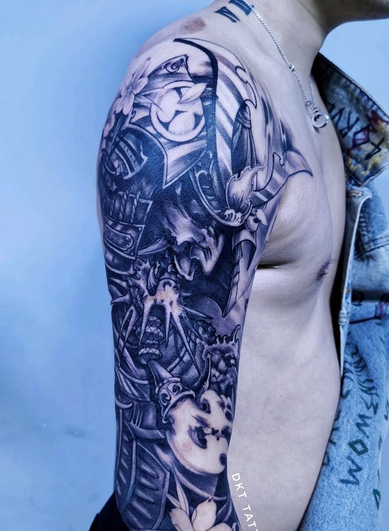 鬼武士接花臂未完成纹身图片_手臂新传统纹身图案