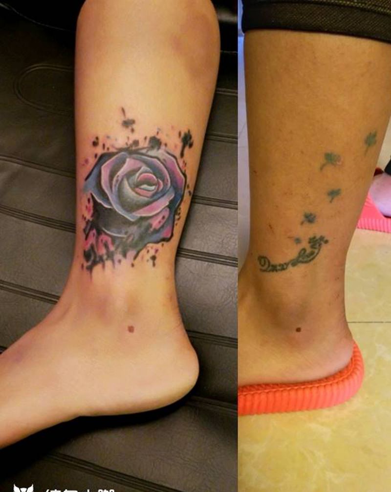 玫瑰花纹身图片_腿部欧美植物遮盖成品纹身图案