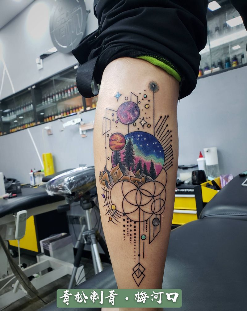 线圈圆纹身图片_腿部脚部几何点刺纹身图案