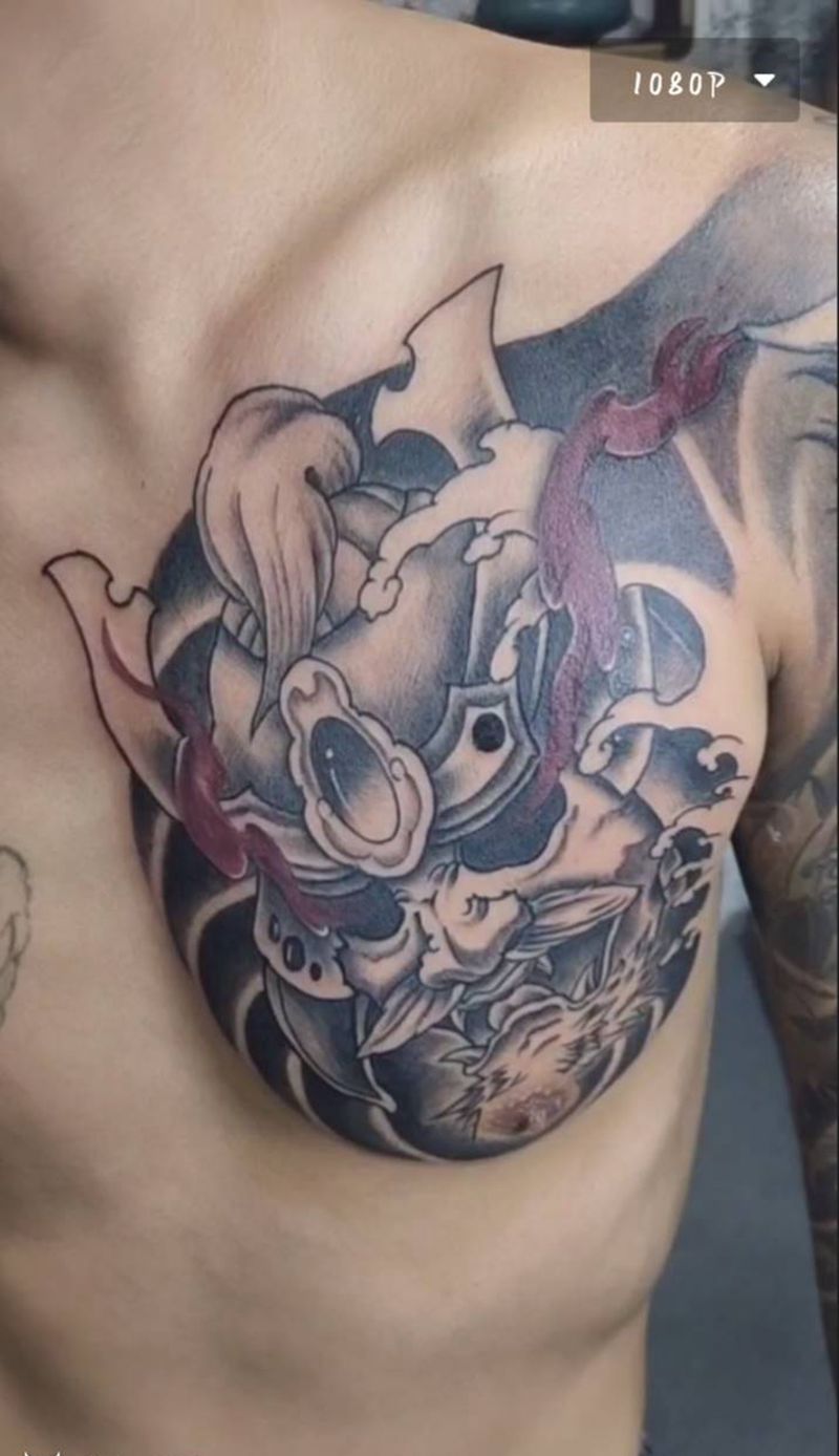 鬼武士纹身图片_胸部纹身图案