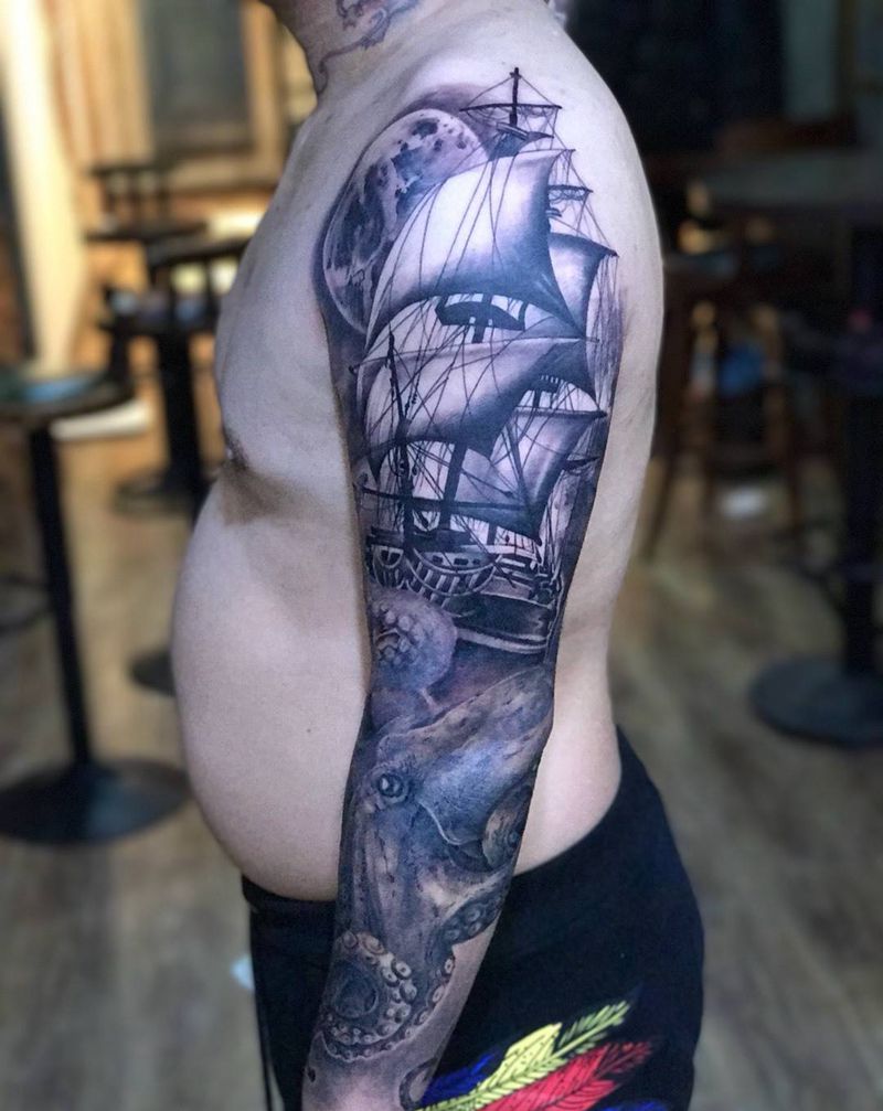 章鱼帆船纹身图片_手臂欧美写实章鱼帆船欧美纹身图案
