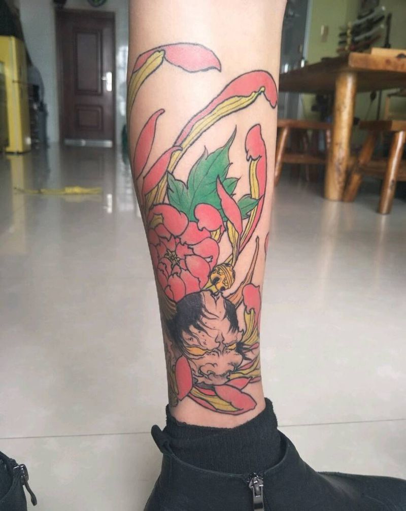 菊花般若纹身图片_腿部纹身图案