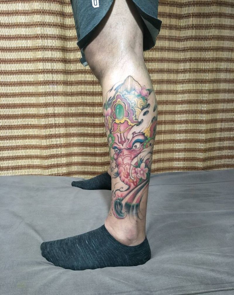 彩色象神小腿纹身图片_腿部纹身图案