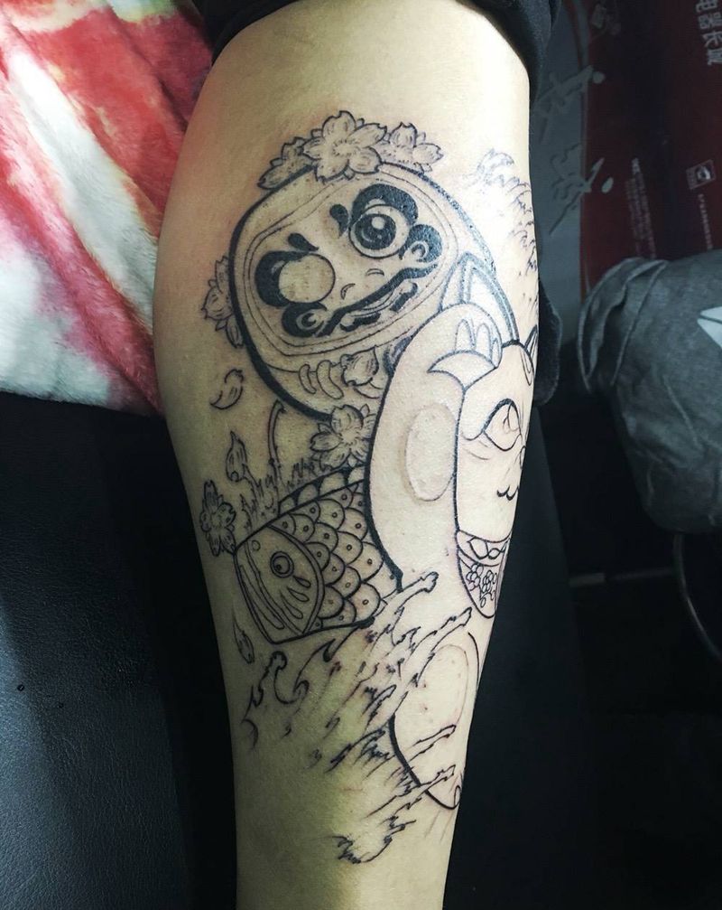 招财喵线条结束纹身图片