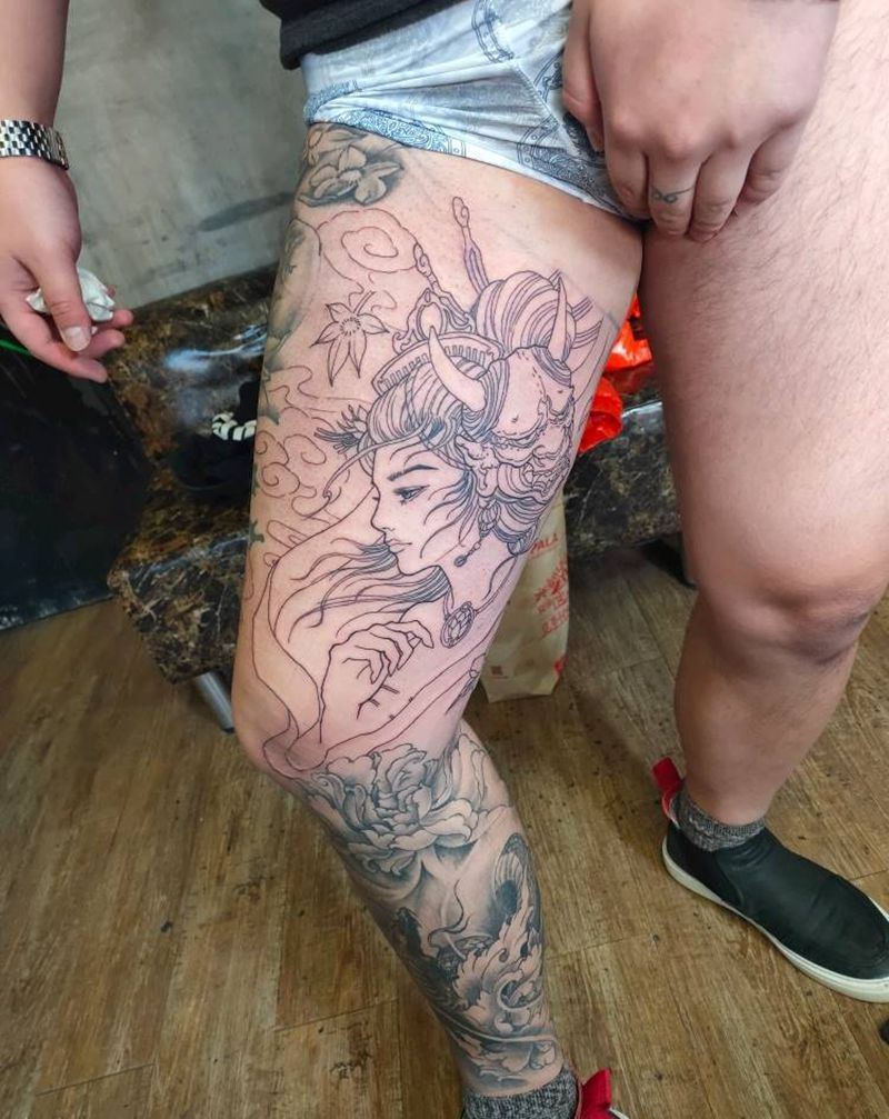 艺伎纹身图片_腿部纹身图案
