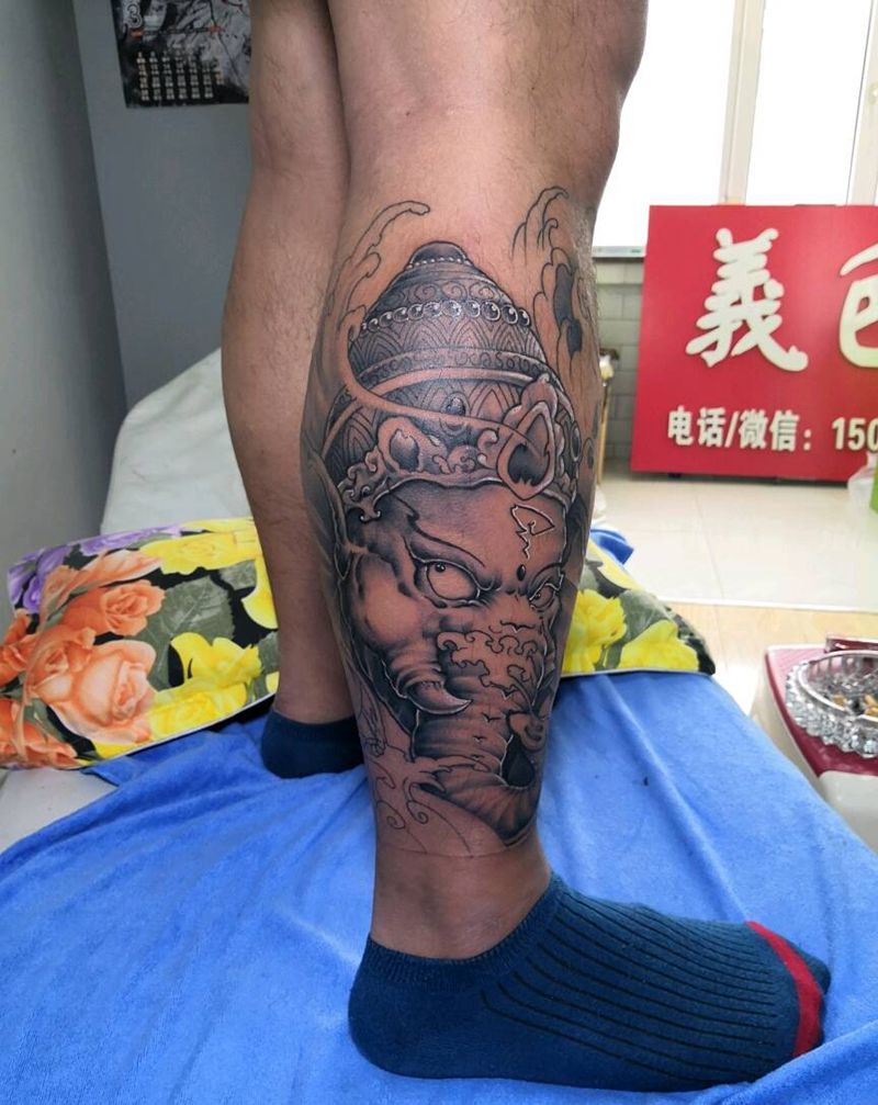 包小腿，象神＋荷花。上色未完成纹身图片