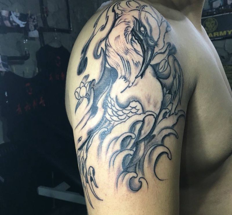 仙鹤纹身图片_手稿手臂传统动物纹身图案