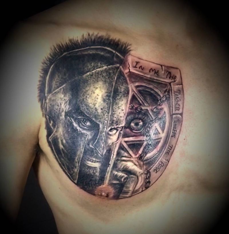 勇士纹身图片_胸部颈部欧美写实新传统纹身图案