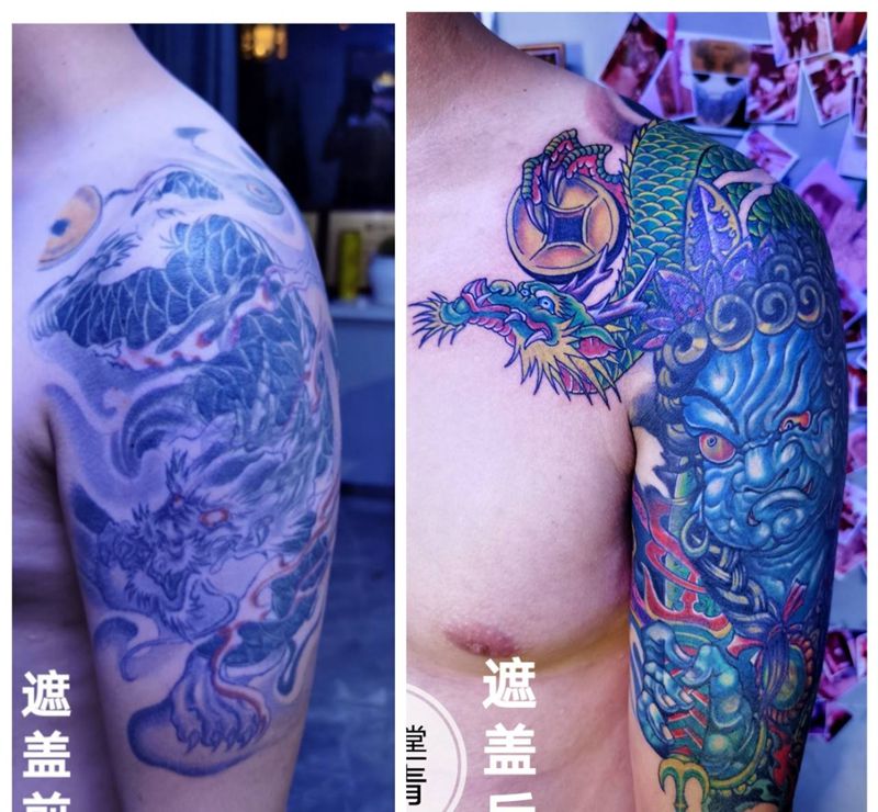 大臂不动明王遮盖作品纹身图片_手臂新传统遮盖纹身图案