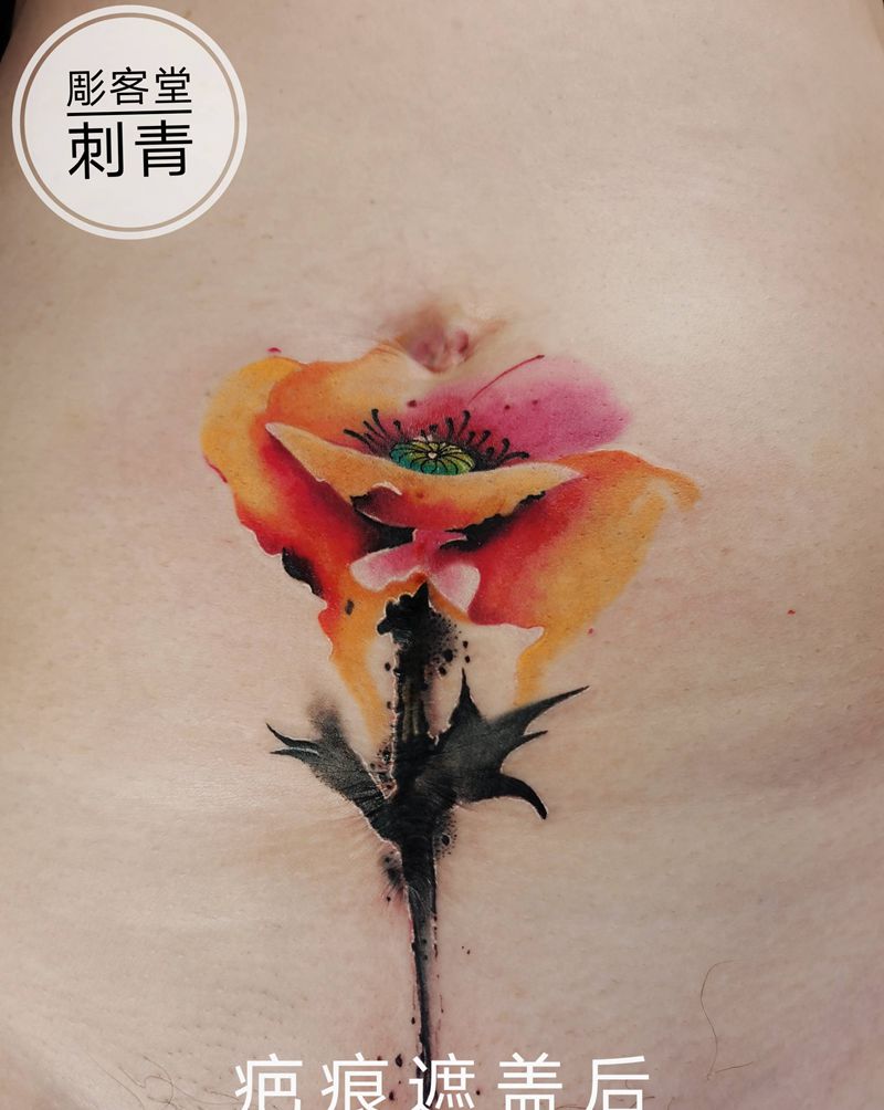 罂粟花纹身遮盖疤痕纹身图片_腹部水彩水墨疤痕遮盖纹身图案