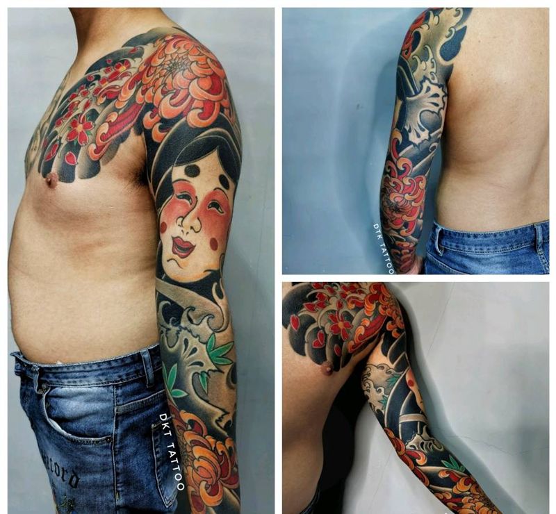 老传统花臂能面菊花纹身图片_手臂老传统纹身图案