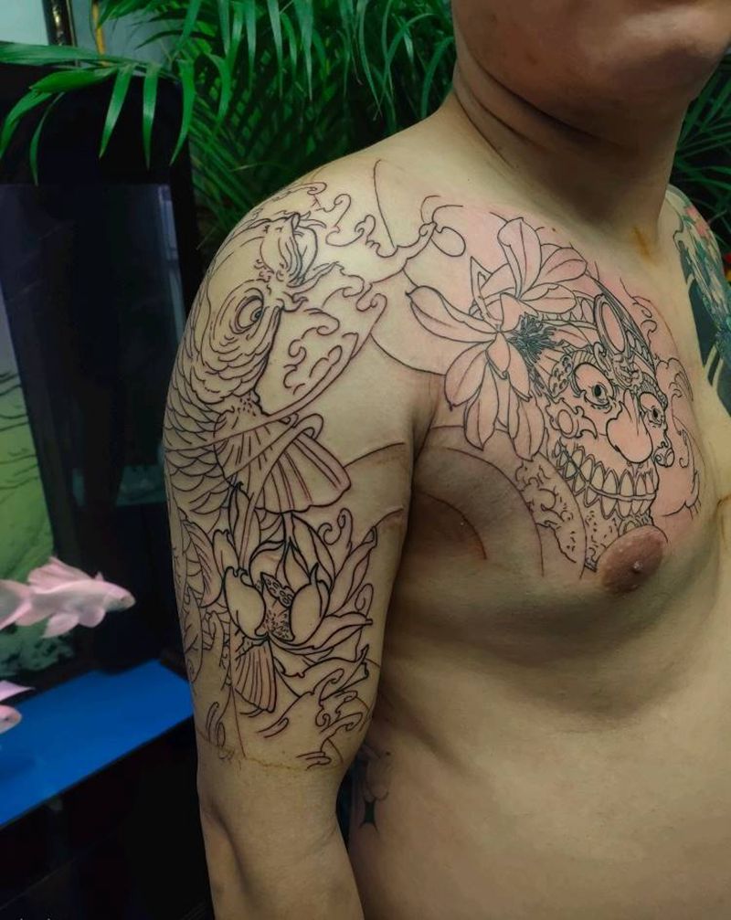 鲤鱼+嘎巴拉纹身图片_胸部手臂纹身图案