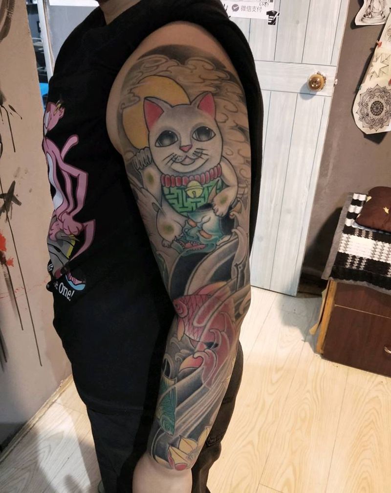 招财猫纹身图片_老传统纹身图案