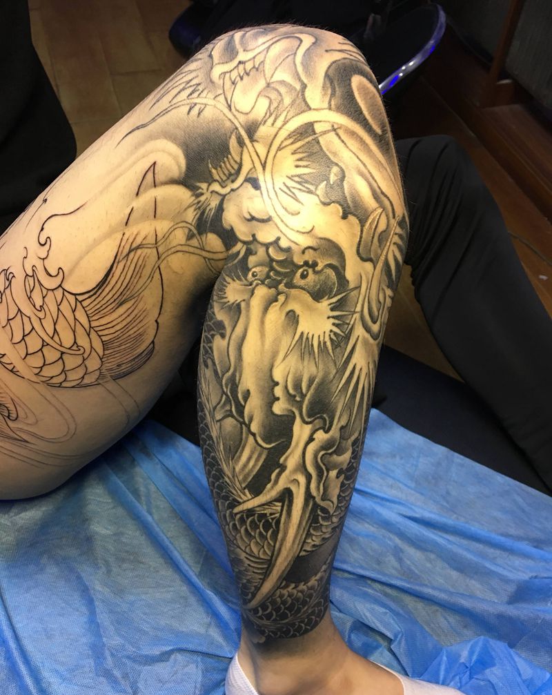 龙纹身图片_腿部新传统纹身图案