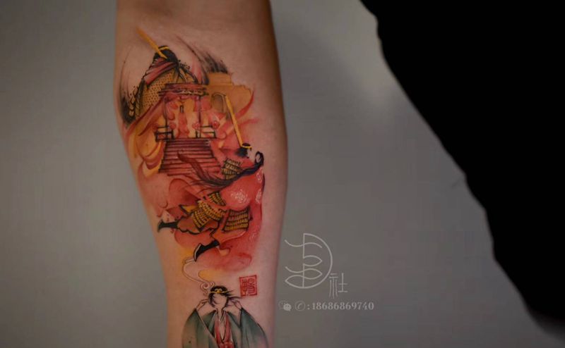 大话西游纹身图片_手臂水彩水墨纹身图案