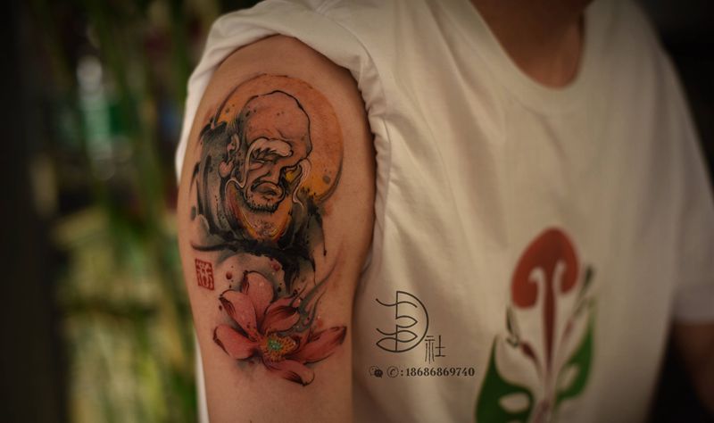 达摩纹身图片_手臂水墨纹身图案