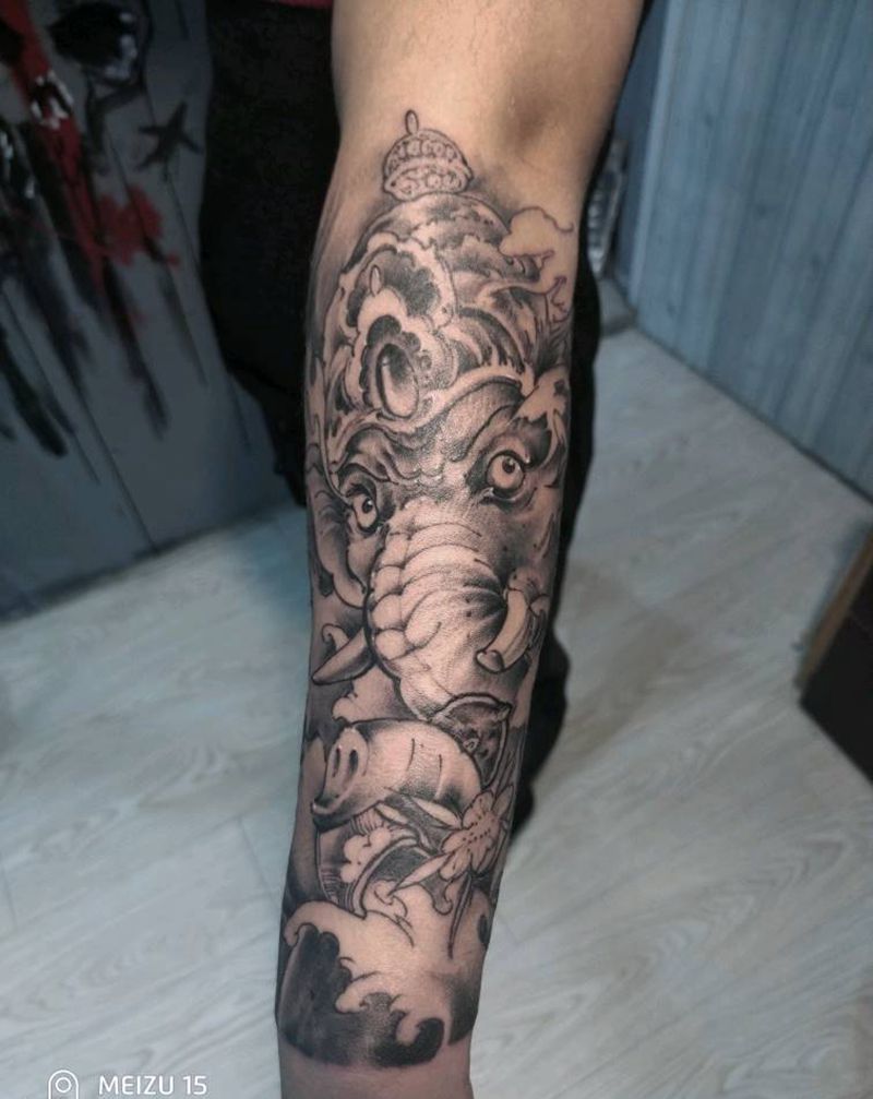 象神纹身图片_手臂新传统纹身图案