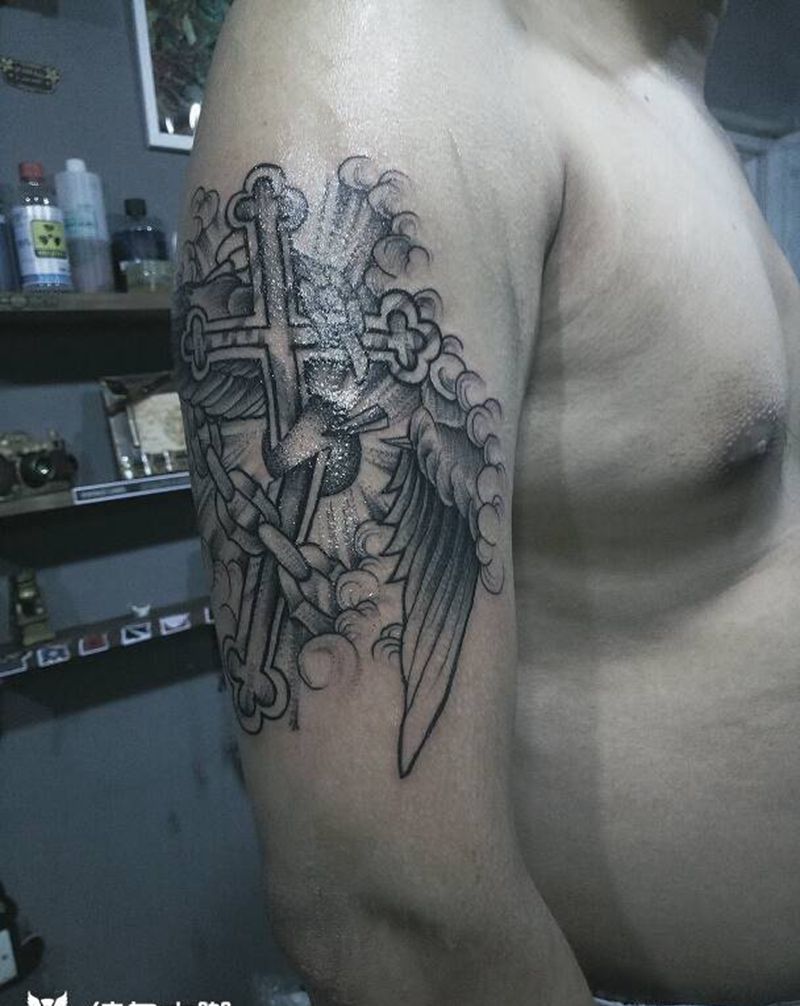 全程单针纹身图片_肩部清新几何成品纹身图案