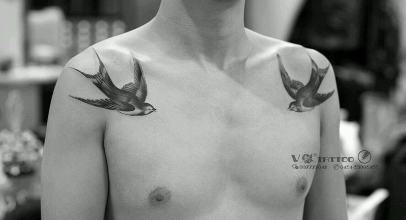 肩膀双燕纹身图片_肩部欧美写实燕子纹身图案