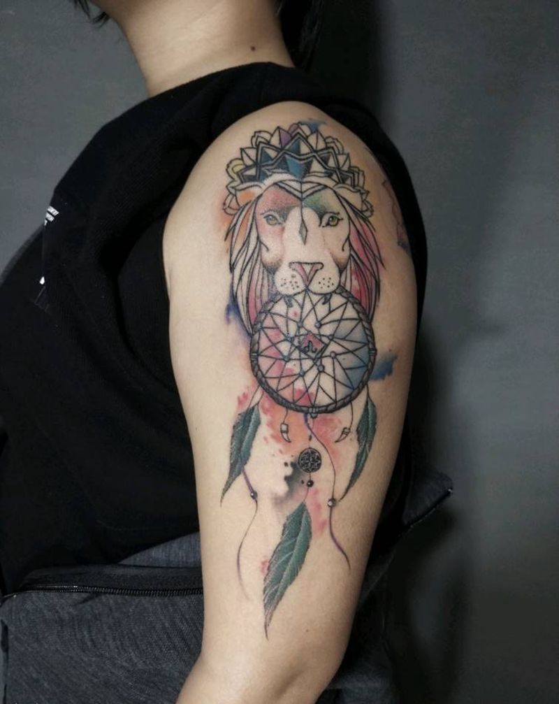 狮子座捕梦网纹身图片_手臂水彩星座捕梦网狮子座纹身图案