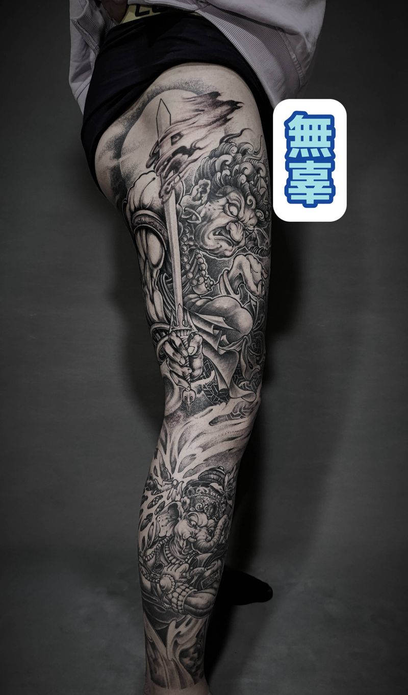 新传统花腿纹身图片_腿部新传统象神般若不动明王纹身图案