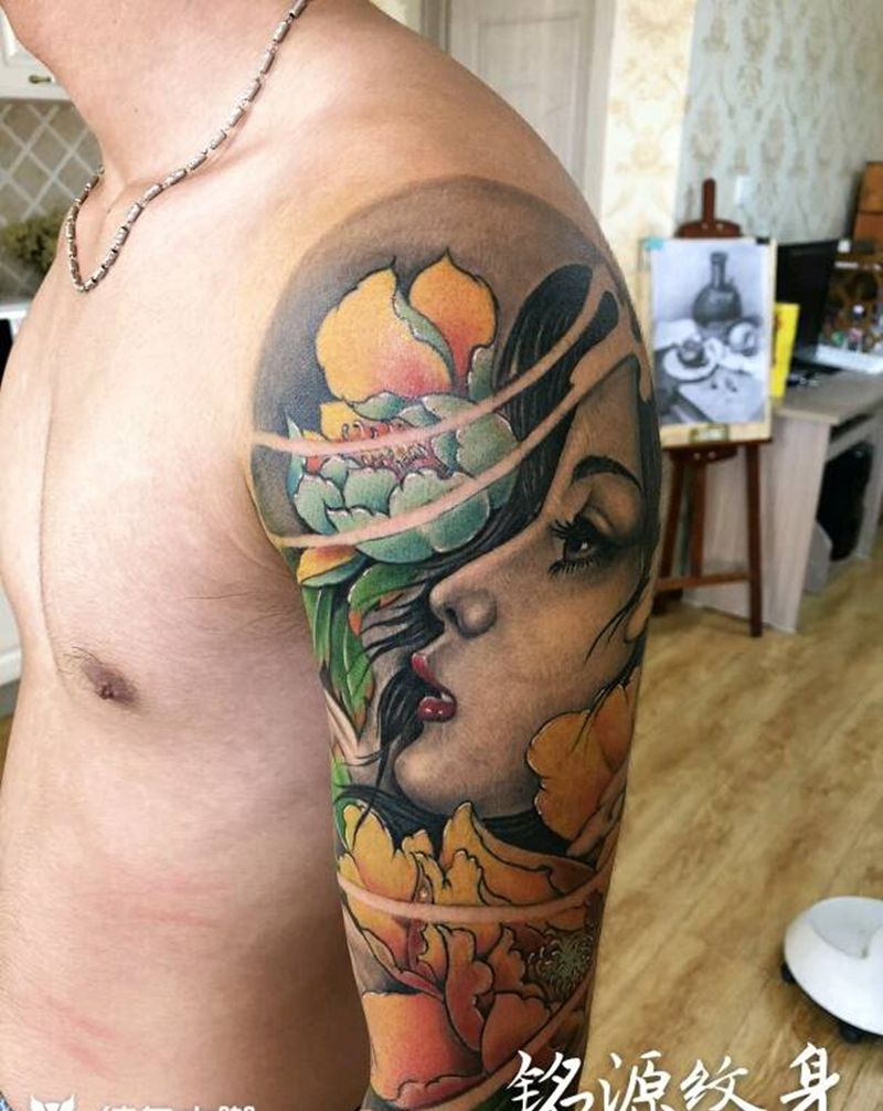 艺妓般若花臂纹身图片_手臂传统人物成品纹身图案