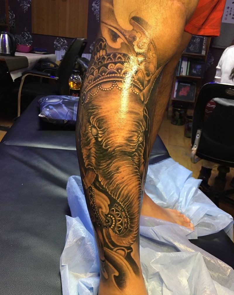 象神纹身图片_成品腿部传统宗教鬼神动物纹身图案