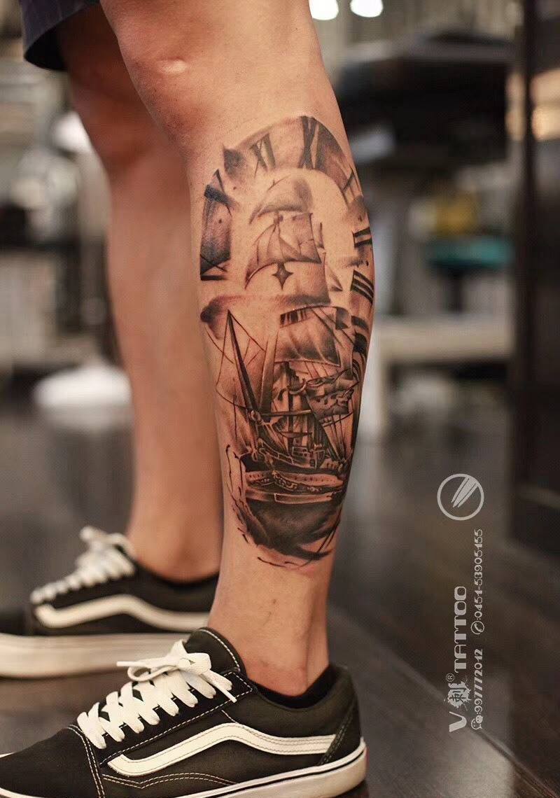 小腿 帆船纹身图片