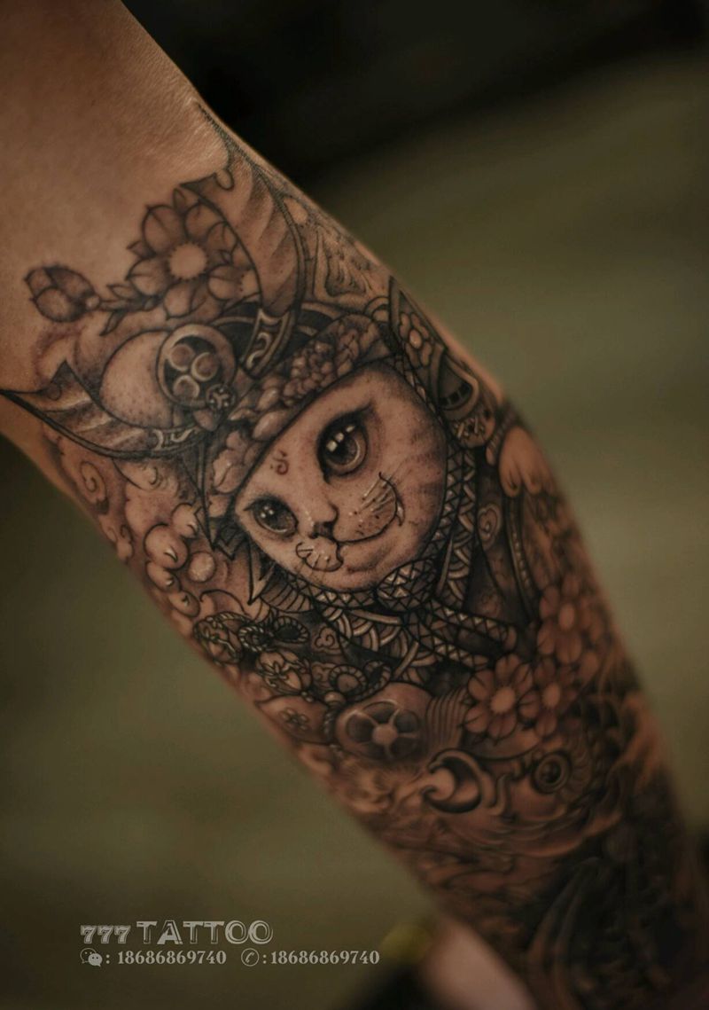 小腿招财猫作品纹身图片