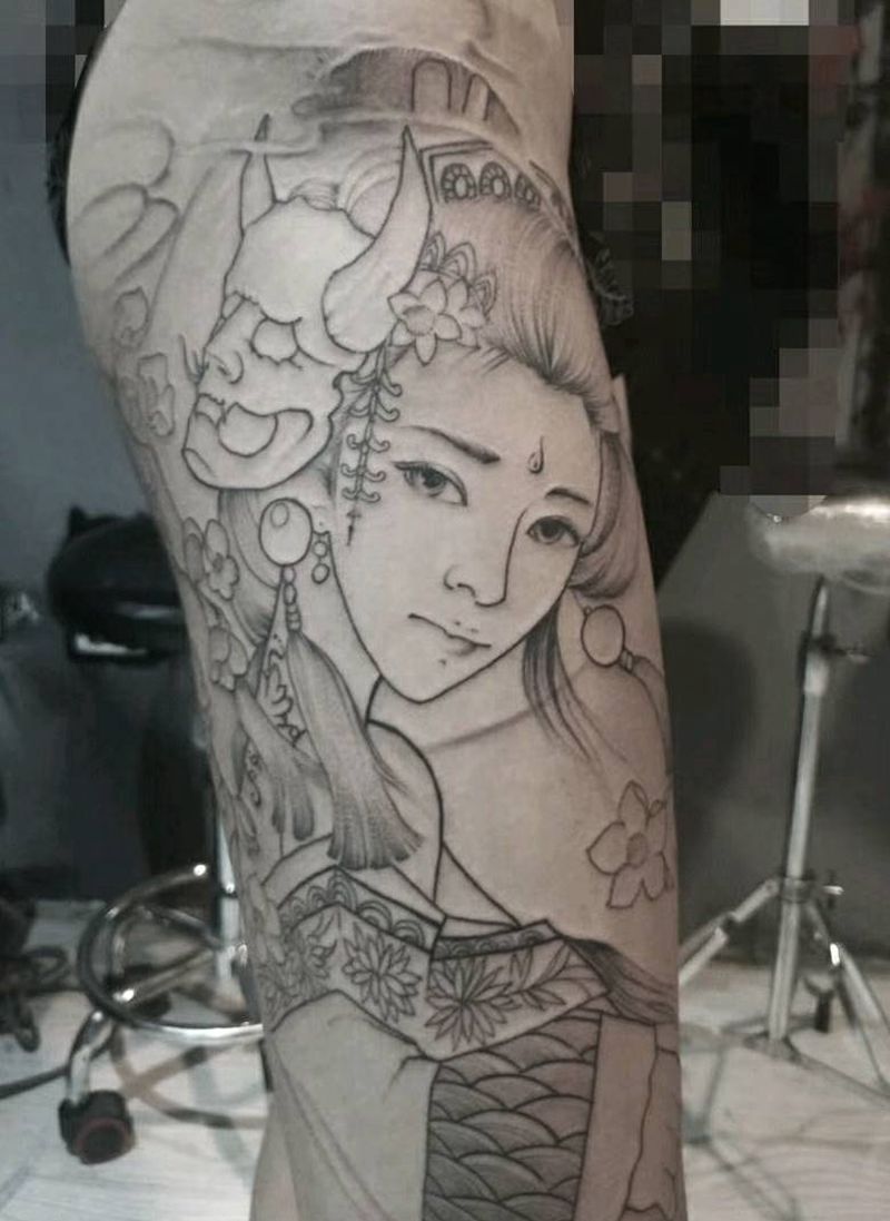 艺妓纹身图片_腿部新传统纹身图案