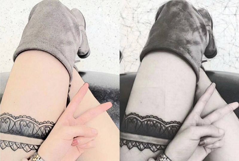 蕾丝纹身图片_欧美腿部成品纹身图案