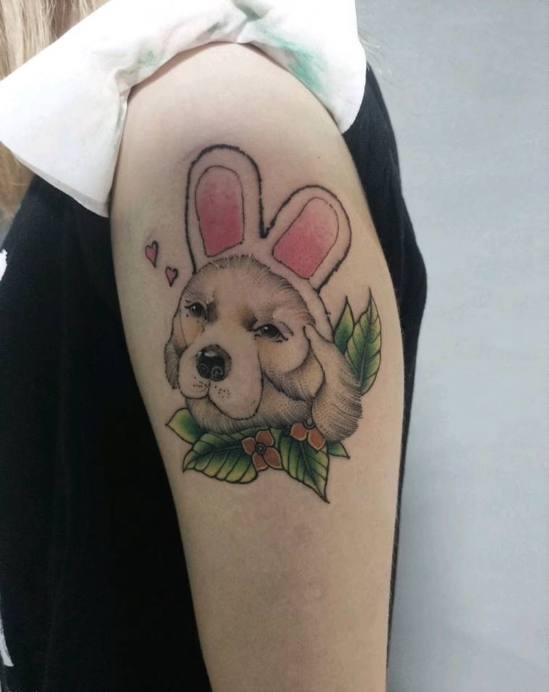 定制款狗子纹身图片_手臂水彩Old School狗 金毛纹身图案