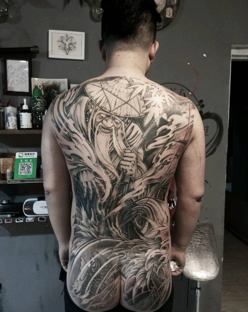 姜太公钓鱼纹身图片_背部老传统纹身图案