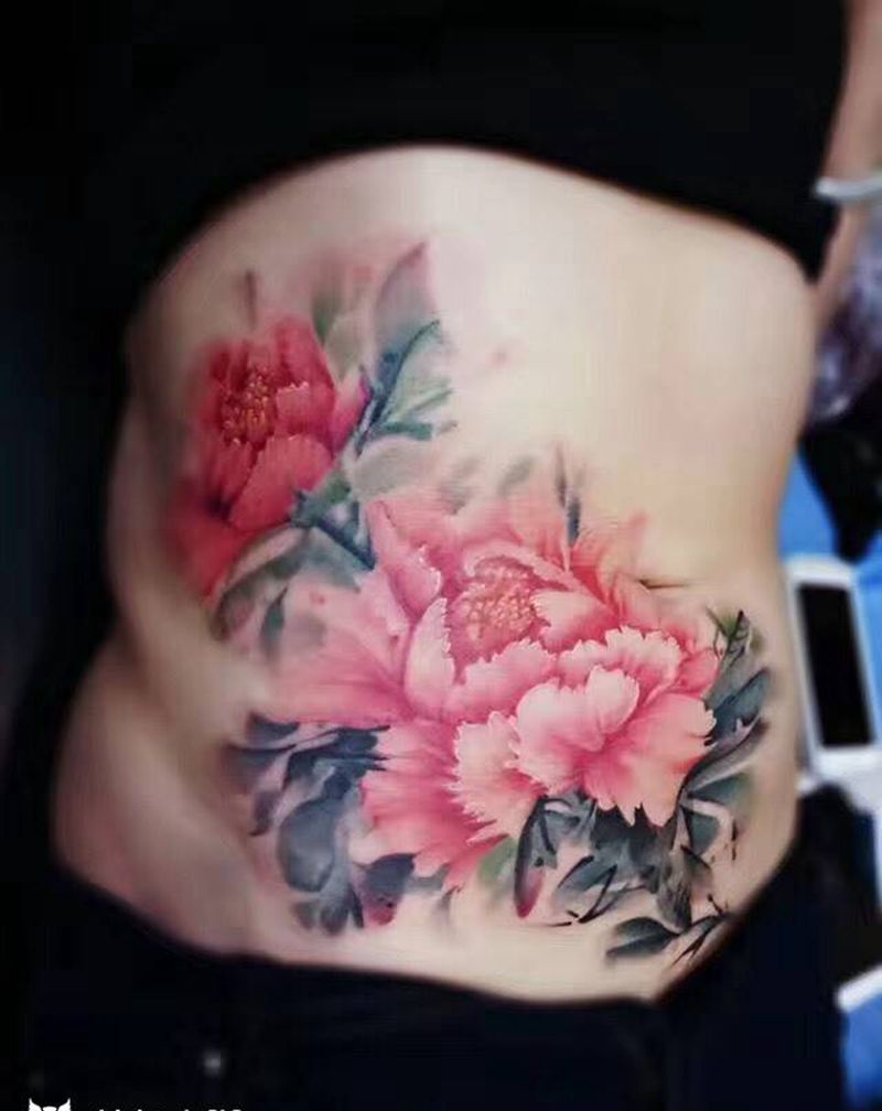 疤痕遮盖纹身图片_腹部腰部传统清新国画植物静物原创成品纹身图案