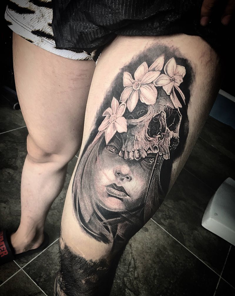 欧美暗黑风格纹身图片_腿部纹身图案