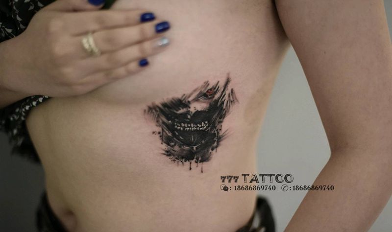 水墨金木纹身图片_腹部水墨水彩动漫人物日漫东京食尸鬼纹身图案