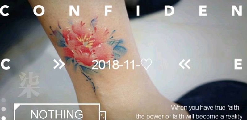 水墨花花纹身图片_腿部脚部水墨水彩彩色牡丹花卉纹身图案