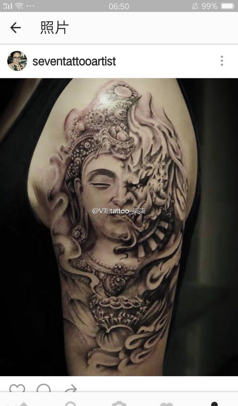 一念之间纹身图片_肩部手臂传统肖像人物鬼神宗教原创彩色成品纹身图案