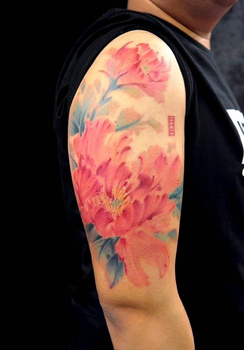 水墨牡丹纹身图片_手臂传统国画植物原创彩色成品纹身图案