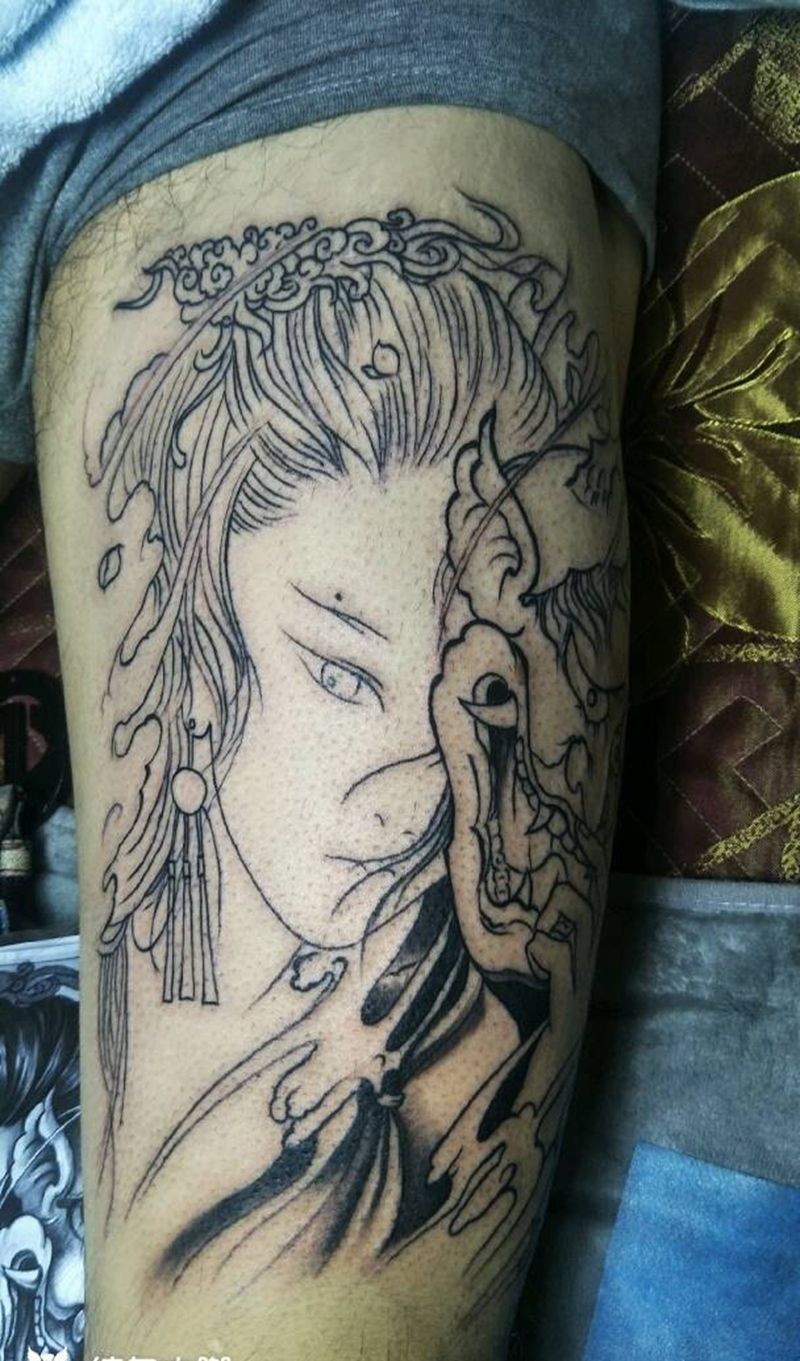 大腿艺妓（未完成）纹身图片_腿部纹身图案