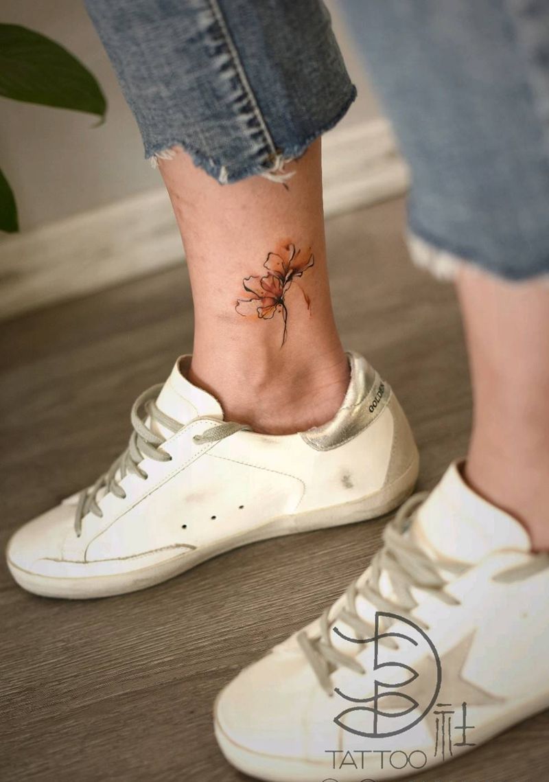 花纹身图片_腿部水彩水墨花彩色纹身图案