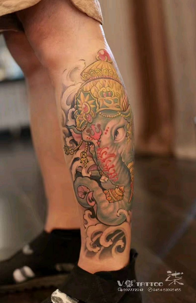 象神纹身图片_腿部传统习俗动物人物鬼神宗教原创成品手稿纹身图案