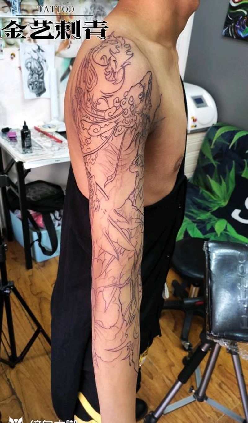 花臂凤凰线条纹身图片_手臂新传统纹身图案