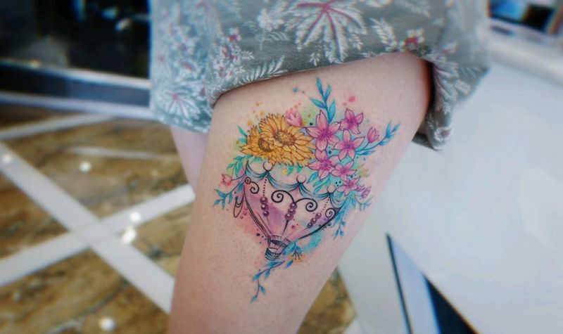 热气球纹身图片_腿部清新原创彩色成品纹身图案