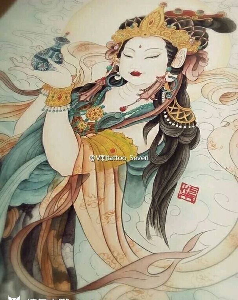 满背菩萨纹身图片_背部传统国画人物原创成品手稿纹身图案
