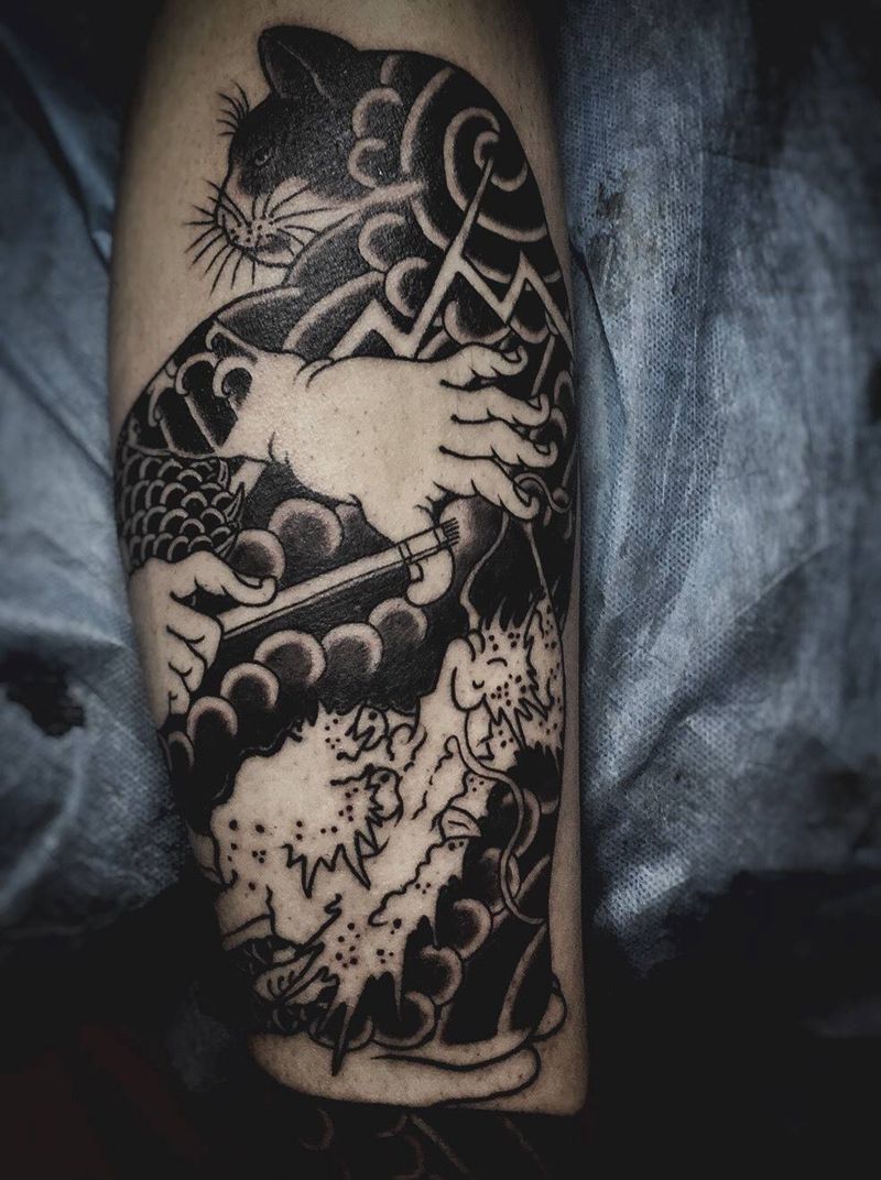 山口猫纹身图片_成品脚部腿部传统动物纹身图案